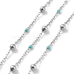 304 Stainless Steel Cable Chain, with Enamel, Soldered, Turquoise, Beads: 3.5~3.6x3.5mm, Link: 5x2x2mm and 2x1.5x0.3mm(CHS-F019-01P-09)