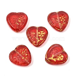 Baking Paint and Golden Metal Enlaced Glass Beads, Heart with Flower, Red, 15.5x16x4mm, Hole: 1.2mm(GL-CBA1477-21A)