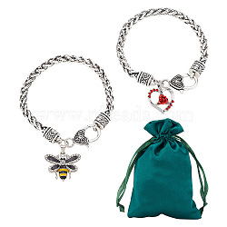 2Pcs 2 Styles Bee & Heart Rose Rhinestone Charm Bracelets Set with Enamel, Antique Silver Alloy Wheat Chains Stackable Bracelets for Women, Mixed Color, 7-7/8 inch(20cm), 1Pc/style(BJEW-AB00006)