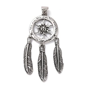 Tibetan Style 304 Stainless Steel Manual Polishing Big Pendants, Woven Net/Web with Feather Charms with Sun, Antique Silver, 81mm, Hole: 5x6mm