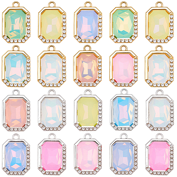 48Pcs 2 Colors UV Plating Alloy with Mixed Color Glass Rhinestone Pendants, Rectangle, Faceted, Platinum & Golden, 21x14x6.5mm, Hole: 2mm, 24pcs/color