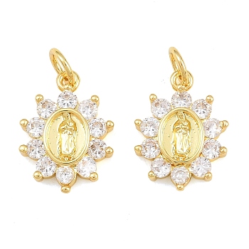 Brass Micro Pave Clear Cubic Zirconia Pendants, Flower with Virgin Mary Charms, Cadmium Free & Lead Free, Rack Plating, Long-Lasting Plated, Real 18K Gold Plated, 15.5x11.5x3mm, Hole: 3mm