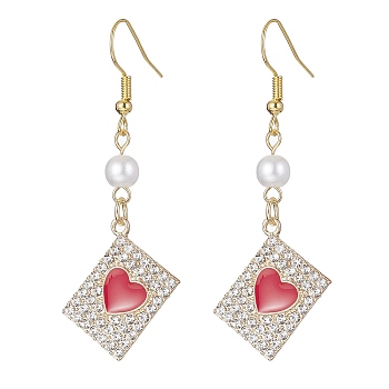Alloy Crystal Rhinestone Rectangle with Heart Dangle Earrings, Imitated Pearl Acrylic Beaded Drop Earrings with Enamel, Red, 47~55x18mm