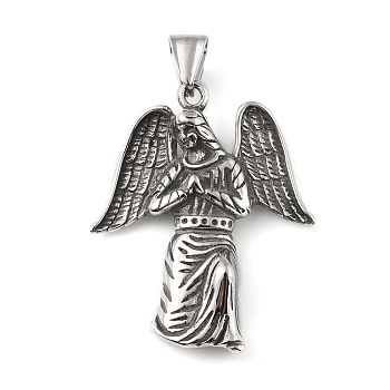304 Stainless Steel Pendants, with 201 Stainless Steel Snap on Bails, Angel Charm, Antique Silver, 43.5x36.5x6mm, Hole: 9x5mm