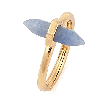 Double Pointed Hexagonal Prism Dyed & Heated Natural Blue Aventurine Adjustable Rings for Women, Ion Plating(IP) Brass Rings, Golden, Hexagonal Prism: 17x7.5mm, US Size 6(16.5mm)