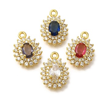 Brass Cubic Zirconia with Glass Pendants, Oval Charms, Real 18K Gold Plated, 17x12.5x5mm, Hole: 1.6mm