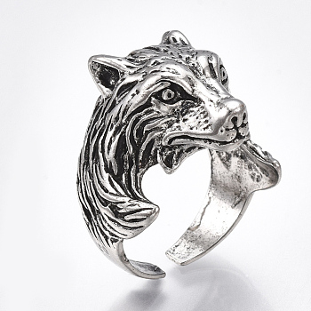 Alloy Cuff Finger Rings, Wide Band Rings, Wolf, Antique Silver, US Size 9 3/4(19.5mm)