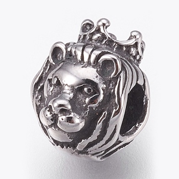 316 Surgical Stainless Steel European Beads, Large Hole Beads, Lion with Crown, Antique Silver, 12x9x10mm, Hole: 4.5mm