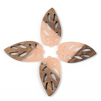Opaque Resin & Walnut Wood Pendants, Leaf, Light Salmon, 38x20x3mm, Hole: 2mm