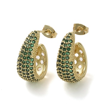 Brass Micro Pave Cubic Zirconia Stud Earrings, Half Hoop Earrrings, Sea Green, 20x18mm
