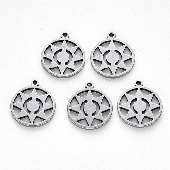 304 Stainless Steel Pendants, Laser Cut, Flat Round with Sun, Stainless Steel Color, 16.5x14x1mm, Hole: 1.4mm