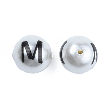 ABS Plastic Imitation Pearl Beads, with Printed, Round with Letter, Letter.M, 10mm, Hole: 1mm