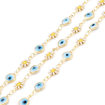 Handmade Brass Enamel Link Chains, Flat Round with Evil Eye & Flower, with Glass, Long-Lasting Plated, Soldered, with Spool, Golden, Sky Blue, Link: 12x6x2mm, 12.5x7x1.5mm, about 32.8 Feet(10m)/roll