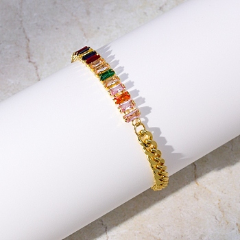 Brass Pave Cubic Zirconia Tennis Link Chain, Curb Chain Bracelets for Women, Colorful, Inner Diameter: 6-3/4 inch(17cm)