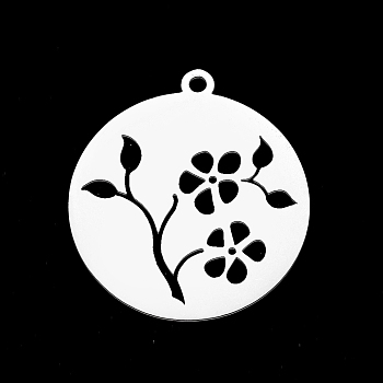 201 Stainless Steel Pendants, Laser Cut, Hollow, Flat Round with Flower, Stainless Steel Color, 27.5x25x1mm, Hole: 1.8mm