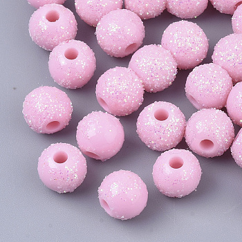 Opaque Acrylic Beads, with Glitter Powder, Round, Pearl Pink, 8.5x7mm, Hole: 2mm