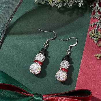 304 Stainless Steel Dangle Earrings, with Brass Rhinestone and Polymer Clay Rhinestone Beads, For Christmas, Snowman, Light Siam, 42x17mm