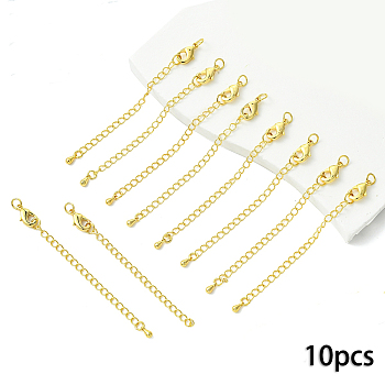 10Pcs Long-Lasting Plated Brass Chain Extender, with Lobster Claw Clasps and Bead Tips, Real 18K Gold Plated, 12x7x3mm, Hole: 3.5mm, Extend Chain: 65mm, ring: 5x1mm