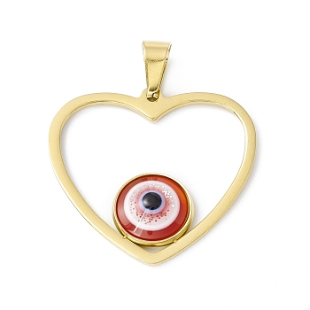 Vacuum Plating 304 Stainless Steel Resin Pendants, Golden, Heart Charms with Evil Eye, FireBrick, 32x34x4mm, Hole: 9x4.5mm