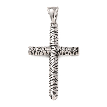 Easter 304 Stainless Steel Pendants, Cross with Woven Texture Charms, Antique Silver, 44x27x4.5mm, Hole: 5x8.5mm