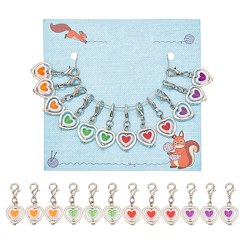 12Pcs 4 Colors Plastic Pendant Stitch Markers, Crochet Leverback Hoop Charms, with Zinc Alloy Lobster Claw Clasps, Heart, Mixed Color, 3cm, 3pcs/color