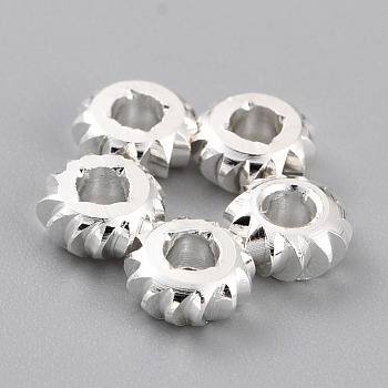 Brass Beads, Long-Lasting Plated, Corrugated Rondelle, 925 Sterling Silver Plated, 5x2mm, Hole: 1.8mm