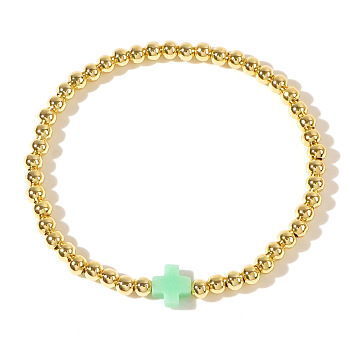 Stainless Steel Bead Stretch Bracelets for Women, with Plastic Cross, Aquamarine, 6-7/8 inch(17.5cm)