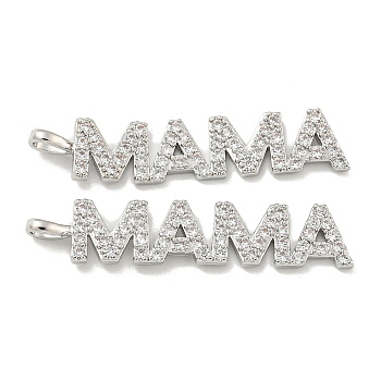 Brass Micro Pave Cubic Zirconia Pendants, Letter "MAMA", Platinum, 38x8x1.5mm, Hole: 2mm