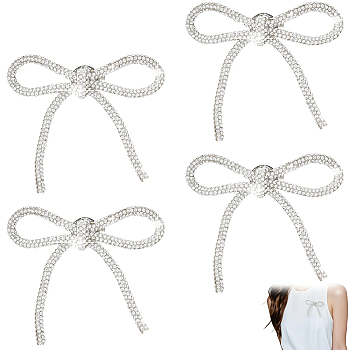 4Pcs Polyester Brooches for Backpack Clothes, Bowknot, with Rhinstone, Silver, 25~32x112~114mm