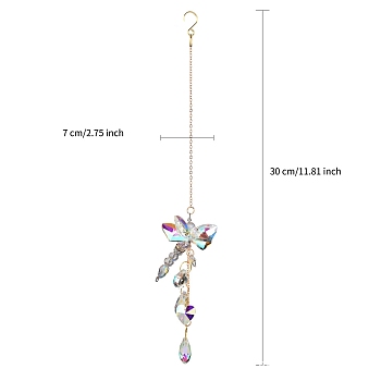 Glass Hanging Ornaments, Heart/Teardrop Tassel Suncatchers for Home Outdoor Decoration, Dragonfly, 300mm