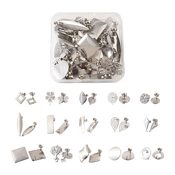 Pandahall 304 Stainless Steel Stud Earring Findings, with Loop, Flat Round, Mix Shape, Stainless Steel Color, 30pcs/box