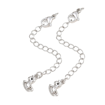 Brass Curb Chain Extender, End Chains with Lobster Claw Clasps and Cubic Zirconia Charms, Hobbyhorse, Platinum, 73mm, Hole: 2.4mm