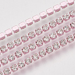 Electrophoresis Iron Rhinestone Strass Chains, Crystal Rhinestone Cup Chains, with Spool, Pink, SS12 Rhinestone, 3~3.2mm, about 10yards/roll(CHC-Q009-SS12-A02)