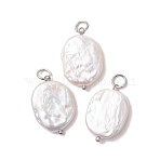 Natural Baroque Keshi Pearl Pendants, Flat Oval Charms with 304 Stainless Steel Loops, White, Stainless Steel Color, 21x13.5~14x3.5~4mm, Jump Ring: 5x0.8mm, Inner Diameter: 3.4mm(PALLOY-JF05259-02)