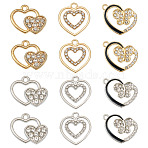 24Pcs 3 Styles 2 Colors Alloy with Crystal Rhinestone Pendants, Heart Charms, Mixed Color, 14.5~22.1x16.5~18x2mm, Hole: 1.5~2mm, 4pcs/color(ALRI-TA0001-23)