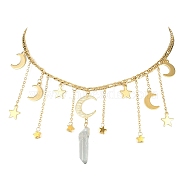 Moon & Star 304 Stainless Steel & Natural Quartz Crystal Charms Bib Necklace, Tassel Necklace with Brass Figaro Chains, Golden, 15.83 inch(40.2cm)(NJEW-TA00094)