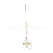 Brass Big Pendant Decorations, Hanging Suncatchers, with Octagon Glass Beads and Iron Findings, for Home Window Decoration, Hand & Sun, Leaf, 270mm(HJEW-M005-01G-04)