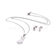 304 Stainless Steel Puppy Jewelry Sets, Cable Chains, Pendant Necklaces and Stud Earrings, with Ear Nuts/Earring Back, Chihuahua Dog, Stainless Steel Color, 17.8 inch(45.4cm), 1.5mm, 10x6mm, Pin: 0.8mm(SJEW-F208-04P)