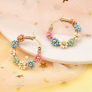 304 Stainless Steel & Bohemian Beaded Flower Hoop Earrings for Women, Golden, Mixed Color, 29x30x5.5mm, Pin: 0.8mm(EJEW-R001-02G-01)