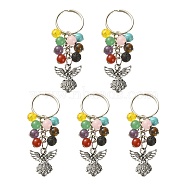 Mixed Gemstone Beads Keychain, with Resin Imitation Amber Beads and Tibetan Style Alloy Angel Pendants, Iron Split Key Rings, Antique Silver & Platinum, 8cm, about 5pcs/bag(KEYC-YW0001-04)