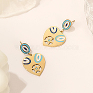 Titanium Steel Heart Dangle Stud Earrings, Enamel Evil Eye Drop Earrings with Cubic Zirconia, Golden, 29.5x17.5mm(RO0890)