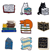 9Pcs 9 Style Cat & Book & Word Enamel Pins, Alloy Cartoon Badge for Backpack Clothes, Mixed Color, 18~30x15.5~27x1.5~2mm, 1Pc/style(JEWB-HY0001-15)