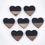 Resin & Walnut Wood Pendants, Heart, Black, 24x25x3.5~4mm, Hole: 2mm(RESI-S358-81F)