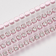 Electrophoresis Iron Rhinestone Strass Chains, Crystal Rhinestone Cup Chains, with Spool, Pink, SS12 Rhinestone, 3~3.2mm, about 10yards/roll(CHC-Q009-SS12-A02)
