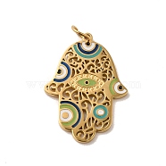 Ion Plating(IP) 304 Stainless Steel Enamel Pendants, with Jump Ring, Hamsa Hand with Evil Eye Charm, Golden, 25x18x1mm, Hole: 4mm(STAS-P340-07G)