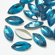 Pointed Back Glass Rhinestone Cabochons, Back Plated, Faceted, Horse Eye, Capri Blue, 15x7x4mm(RGLA-T083-7x15mm-14)
