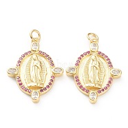 Brass Micro Pave Cubic Zirconia Pendants, Long-Lasting Plated, Real 18K Gold Plated, Oval with Saint, Violet, 26x20x2.5mm, Hole: 3mm(ZIRC-P200-09A-G)