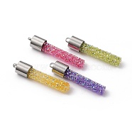 Glass Rhinestone Pendants, with 304 Stainless Steel Cord Ends, Column, Stainless Steel Color, Mixed Color, 39x8mm, Hole: 2mm(PALLOY-JF00462)