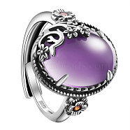 SHEGRACE 925 Sterling Silver Adjustable Rings, with Grade AAA Cubic Zirconia, Oval with Flower, Antique Silver, Purple, US Size 9, Inner Diameter: 19mm(JR829C)