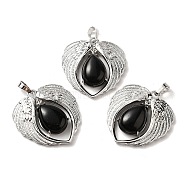 Natural Obsidian Teardrop Pendants, Wing Charms, with Rack Plating Platinum Plated Brass Findings, Lead Free & Cadmium Free, 36x34x8~8.5mm, Hole: 8x5mm(KK-K331-02P-05)